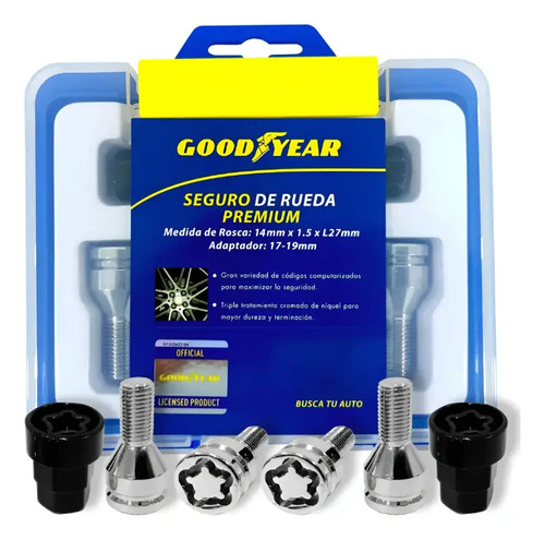 Juego Bulones Antirrobo + Llave Cruz 4 Bocas Goodyear