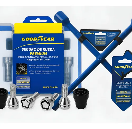 Juego Bulones Antirrobo + Llave Cruz 4 Bocas Goodyear